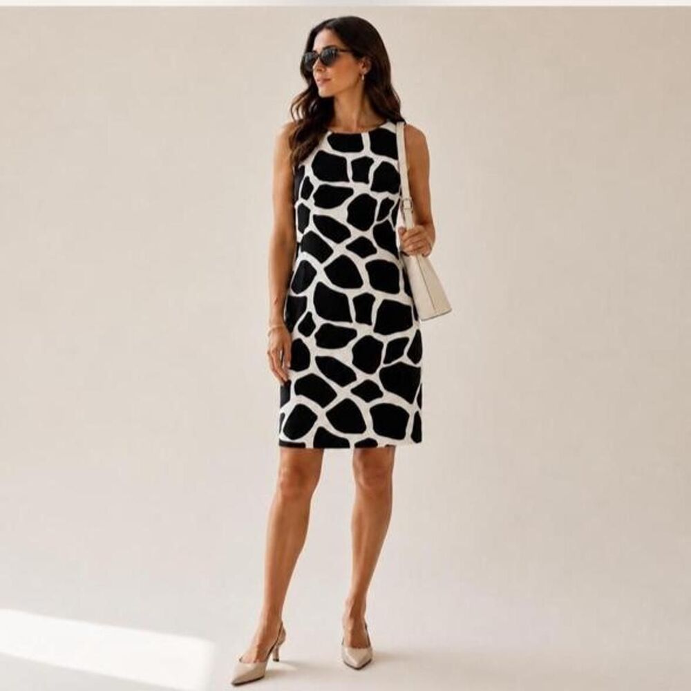 Talbots Pure Silk vintage black and white giraffe print silk dress Size 14